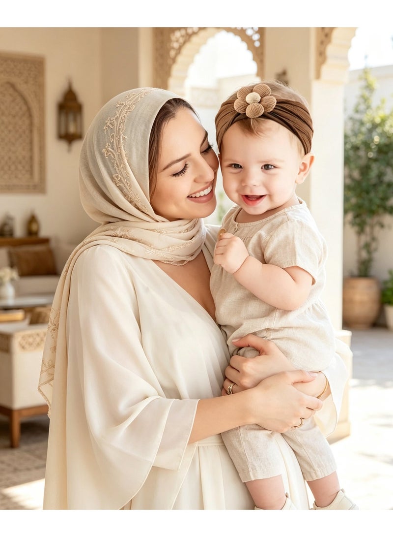 لفافة رأس أطفال بزهرة مصنوعة يدوياً، عصابة رضع مرنة تمتص العرق، هدية مثالية لحفلات استقبال المواليد والمناسبات العائلية العربية - Image 4