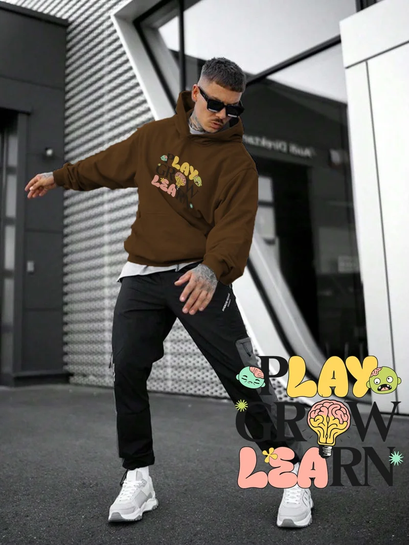 دوغ فش Women, Men Sweatshirt Oversize Play Grow Learn Kids S Printed Thick Brown Lover Sweatshirt