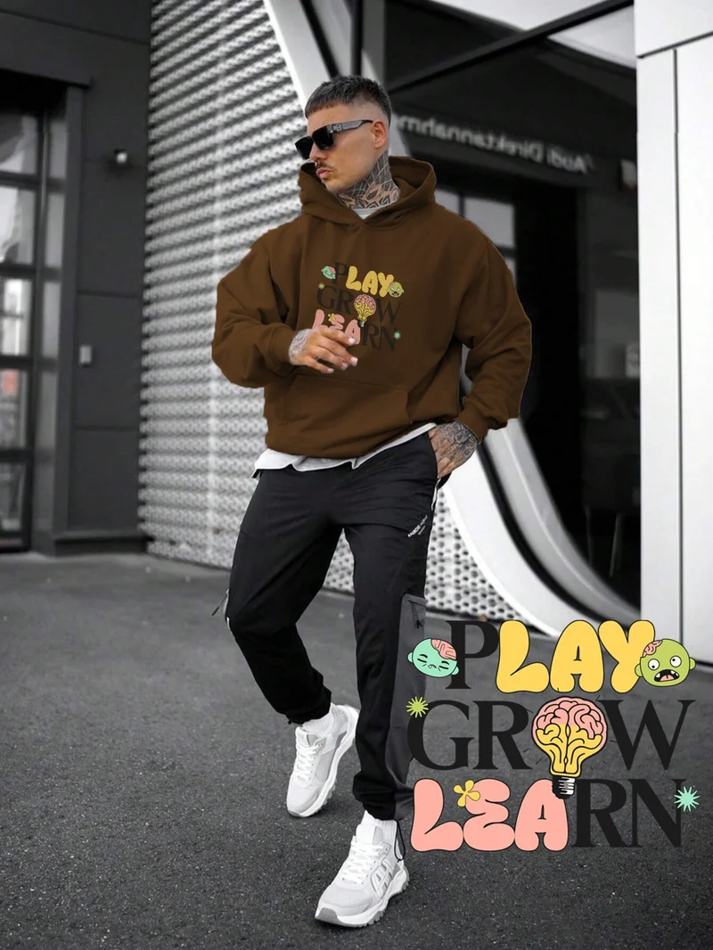 دوغ فش Women, Men Sweatshirt Oversize Play Grow Learn Kids S Printed Thick Brown Lover Sweatshirt