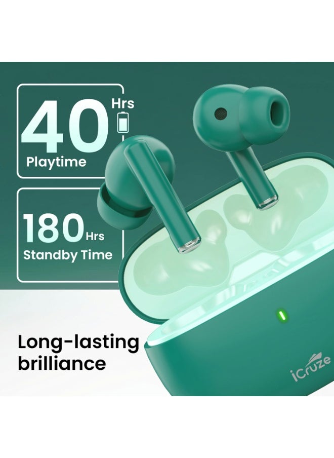 iCruze - iCruze Aura TWS Earbuds - Bluetooth 5.3, 40HR Playtime, ENC, 13mm Drivers, Noise Isolation, Touch Control, Type-C Charging - Green - Image 1