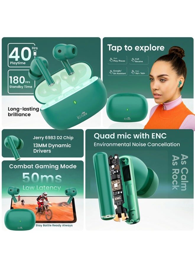 iCruze - iCruze Aura TWS Earbuds - Bluetooth 5.3, 40HR Playtime, ENC, 13mm Drivers, Noise Isolation, Touch Control, Type-C Charging - Green - Image 1