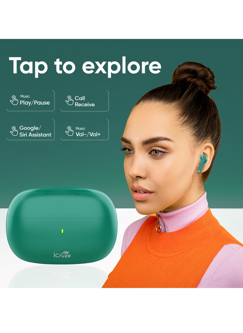iCruze - iCruze Aura TWS Earbuds - Bluetooth 5.3, 40HR Playtime, ENC, 13mm Drivers, Noise Isolation, Touch Control, Type-C Charging - Green - Image 1