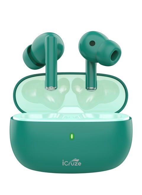 iCruze Aura TWS Earbuds - Bluetooth 5.3, 40HR Playtime, ENC, 13mm Drivers, Noise Isolation, Touch Control, Type-C Charging - Green