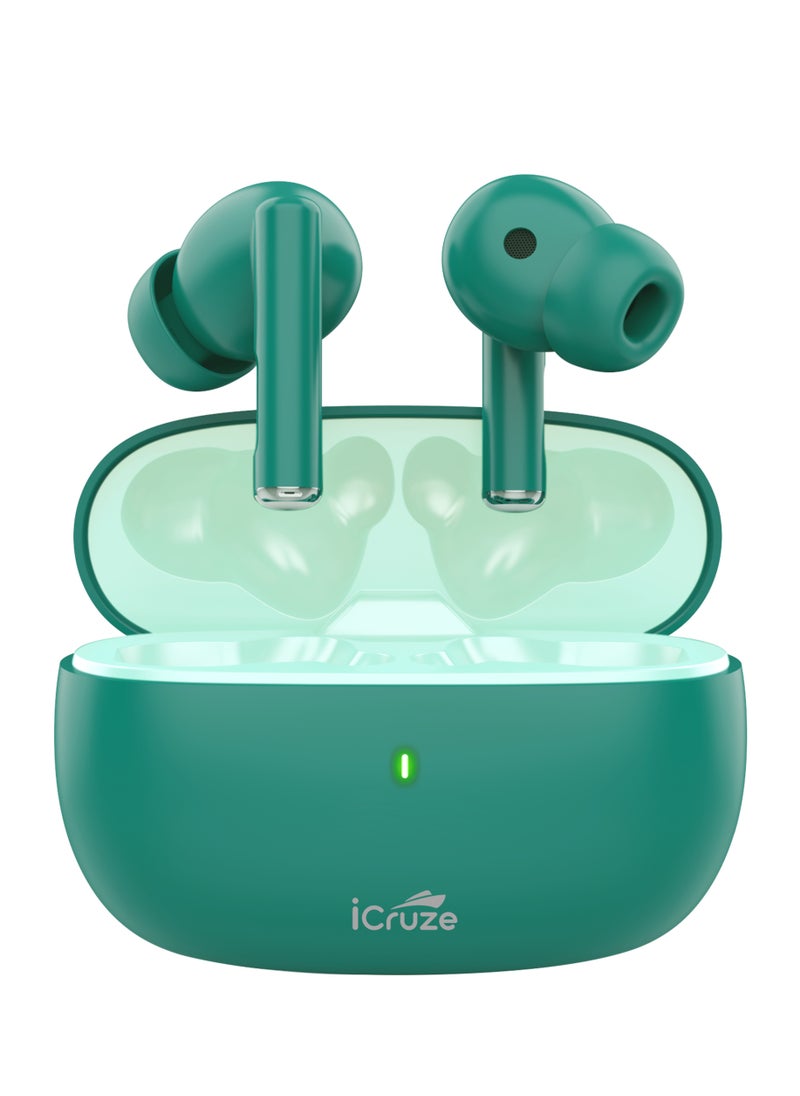 iCruze - iCruze Aura TWS Earbuds - Bluetooth 5.3, 40HR Playtime, ENC, 13mm Drivers, Noise Isolation, Touch Control, Type-C Charging - Green - Image 1