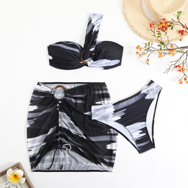 2025 Swimwear One-Shoulder Bikini Gradient Three-Piece Bag Hip Skirt Drawstring Swimwear - Image 1