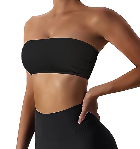 Boudaner Women’s Padded Bandeau Sports Tube Top Bra Strapless Wireless Solid Seamless Yoga Workout Bralette Black - Image 5