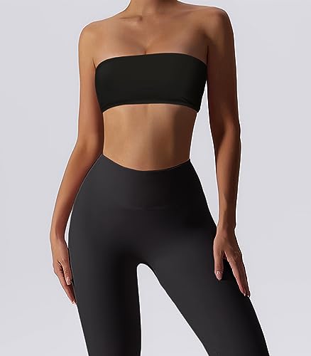 Boudaner Women’s Padded Bandeau Sports Tube Top Bra Strapless Wireless Solid Seamless Yoga Workout Bralette Black - Image 2