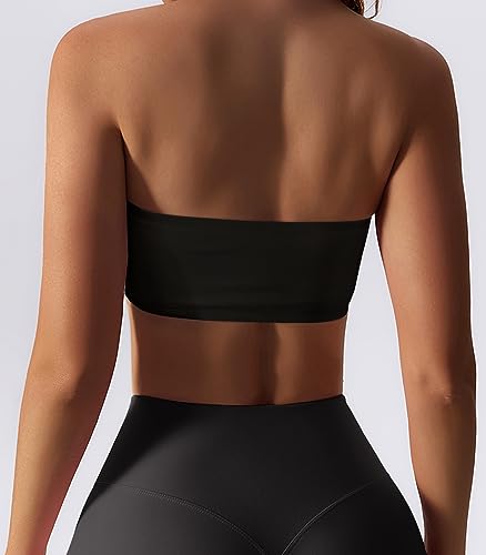 Boudaner Women’s Padded Bandeau Sports Tube Top Bra Strapless Wireless Solid Seamless Yoga Workout Bralette Black - Image 3