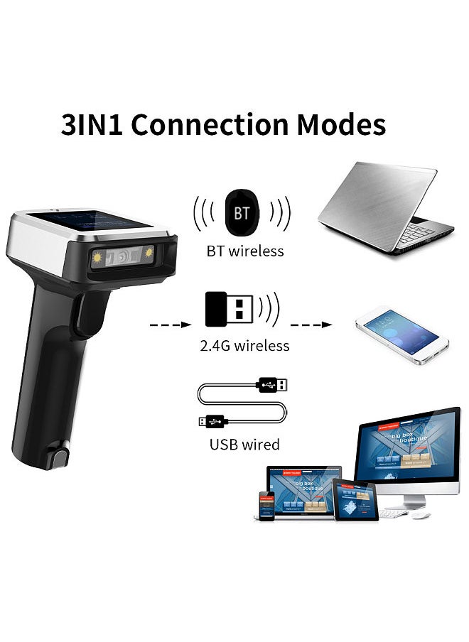 Generic - 2D 1D QR Barcode Scanner with Screen Display with Charging Base 3 in 1 BT & 2.4GHz Wireless & Wired Connection 1.8 inch TFT Color LCD Screen Compatible with Windows Android Linux Mac for Supermarket Retail Library Logistics Warehous - Image 1