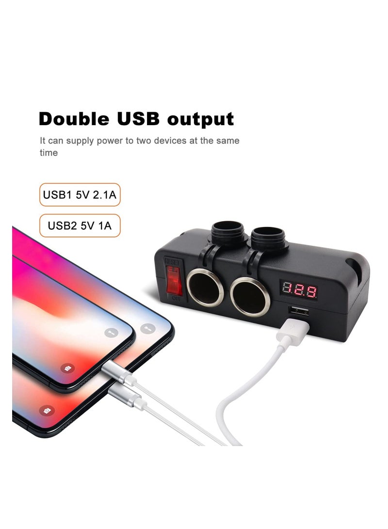Dual USB Charger and Dual 12V Power Outlet Cigarette Lighter Splitter Adapter with LED Voltmeter and On/Off Switches for Cars, RVs, Trucks, Marine, Boats, and Campers. - Image 2