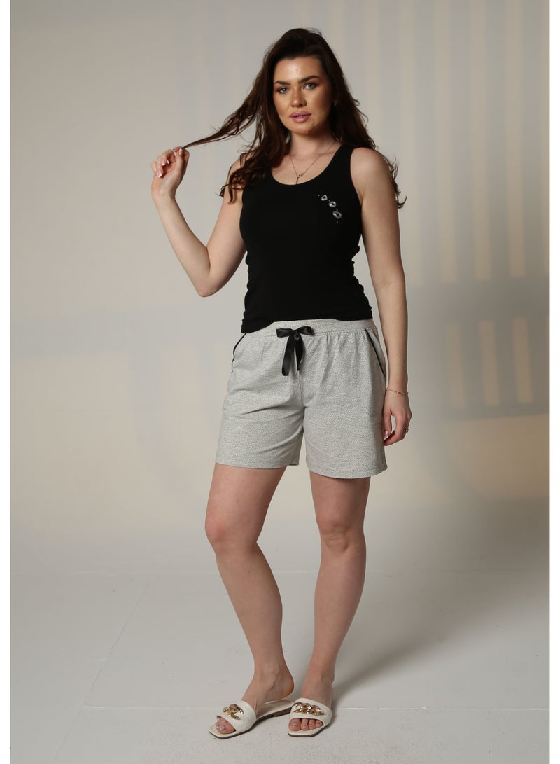 zecotex  Women's 2-Piece 100% Soft Cotton Summer Pajama Set - Black Tank Top & Grey Patterned Shorts with Pockets. - Image 1