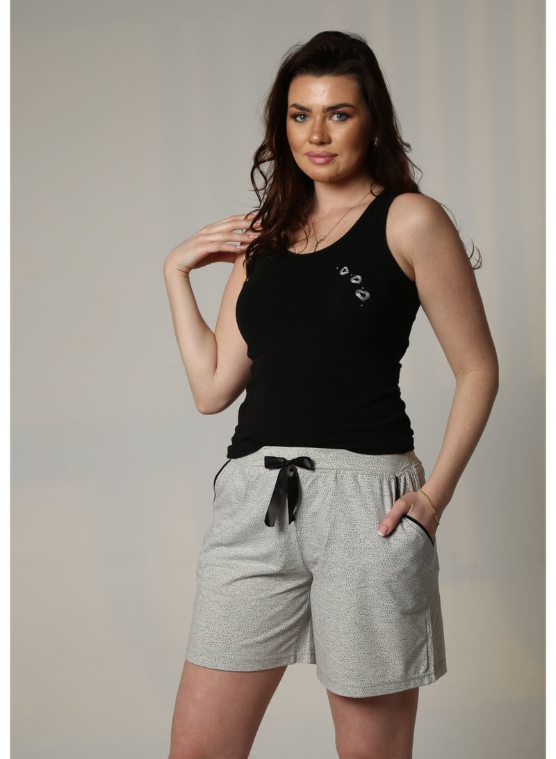 zecotex  Women's 2-Piece 100% Soft Cotton Summer Pajama Set - Black Tank Top & Grey Patterned Shorts with Pockets. - Image 2
