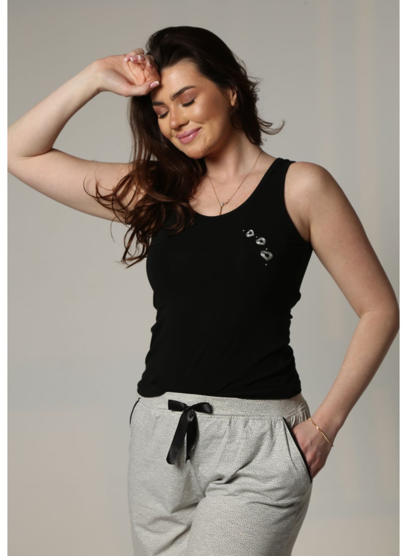 zecotex  Women's 2-Piece 100% Soft Cotton Summer Pajama Set - Black Tank Top & Grey Patterned Shorts with Pockets. - Image 3