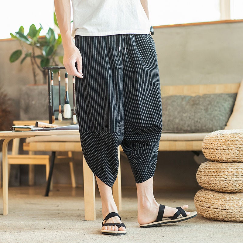 Cropped Pants Mens Summer Ethnic Chinese-style Linen Loose Casual Pants Extralted Plus Size Fashionable Fat Mens Bloomers K14 Black high quality 