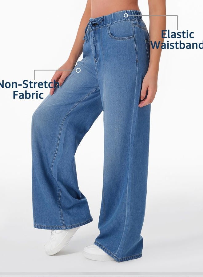 roswear Womens Jeans Sweatpant Loose Fit Pull On Elastic Waist Front Seam Streetwear Pants, Indigo Blue, L - Image 3