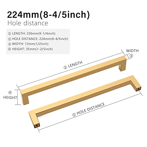 Redunest Cabinet Pulls Gold Cabinet Handles Square Drawer Pulls, 5 Pack 8-4/5 Inch Stainless Steel Kitchen Door Cupboard Cabinet Handles, Drawer Hardware Handles, 224mm Hole Centers - Image 2