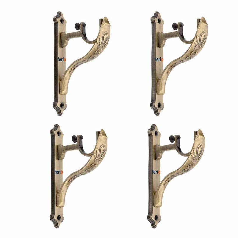 Ferio Premium Zinc Antique Brass Designer Heavy Curtain Supports for Door and Window Curtain Brackets SetHolder for 1 Inch Rod Pack of 4 Pcs 4 - Image 1