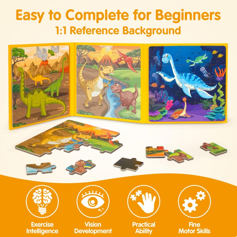 SYNARRY Magnetic Dinosaur Puzzles for Kids Ages 3-5, 20 Pieces Puzzles for Toddlers 4-6, Easter Basket Stuffers Gifts for Kids, Car Airplane Road Trip Activities Magnet Games Toy for Boys Girls - Image 4