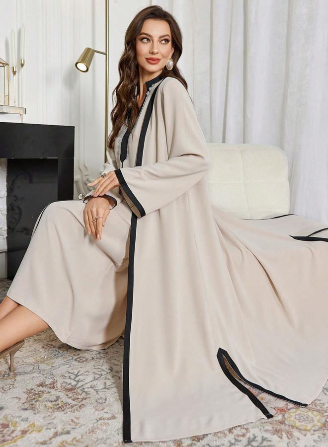 Take Two Contrast Trim Open Front Kimono and Inner Dress Modest Set - Image 3