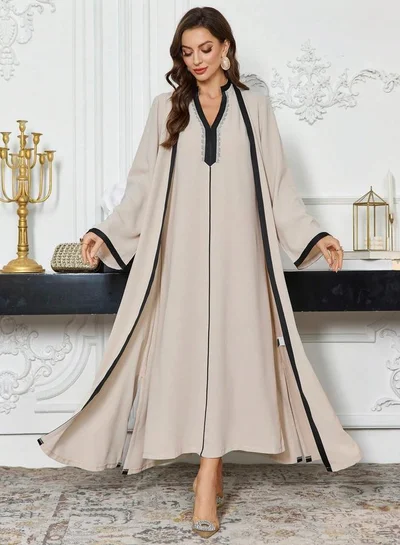 Take Two Take Two Contrast Trim Open Front Kimono and Inner Dress Modest Set