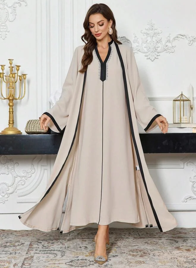 Take Two Take Two Contrast Trim Open Front Kimono and Inner Dress Modest Set