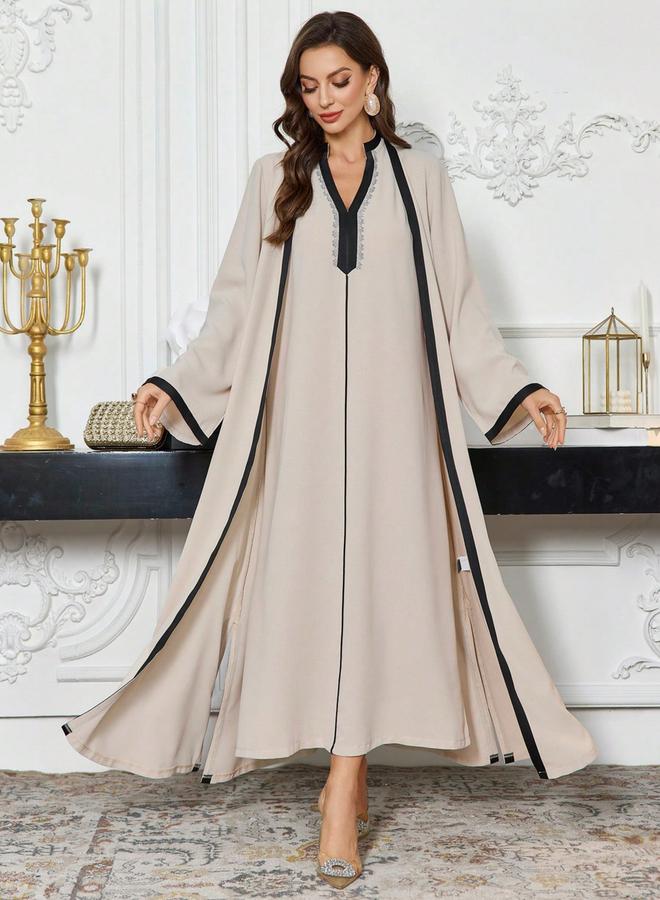 Take Two Contrast Trim Open Front Kimono and Inner Dress Modest Set - Image 1