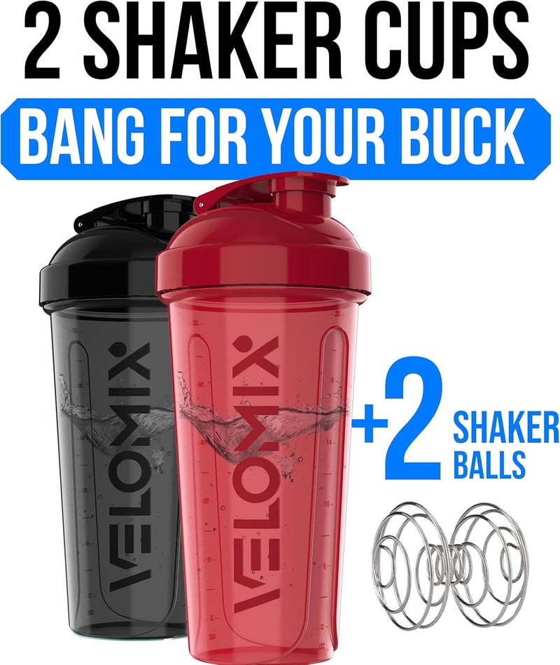 VELOMIX -2 Pack- 28 oz Protein Shaker Bottles for Protein Mixes - 2x Wire Whisk | Leak Proof Shaker Cups for Protein Shakes | Protein Shaker Bottle Pack | Shakers for Protein Shakes - Black&Red - Image 2