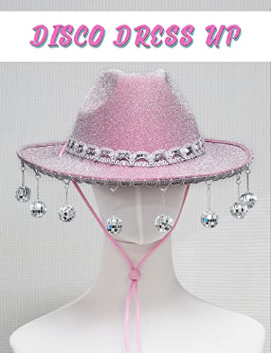 JIANGLAI Pink Disco Cowgirl Hat with Bandana, Glitter Rhinestone Disco Ball Cowboy Hat for Women Men Costume Cosplay (Pink) - Image 4