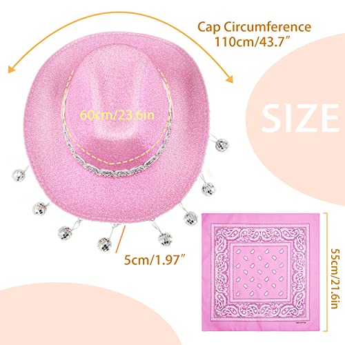 JIANGLAI Pink Disco Cowgirl Hat with Bandana, Glitter Rhinestone Disco Ball Cowboy Hat for Women Men Costume Cosplay (Pink) - Image 2