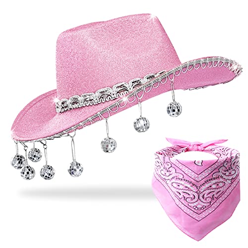 JIANGLAI Pink Disco Cowgirl Hat with Bandana, Glitter Rhinestone Disco Ball Cowboy Hat for Women Men Costume Cosplay (Pink) - Image 1
