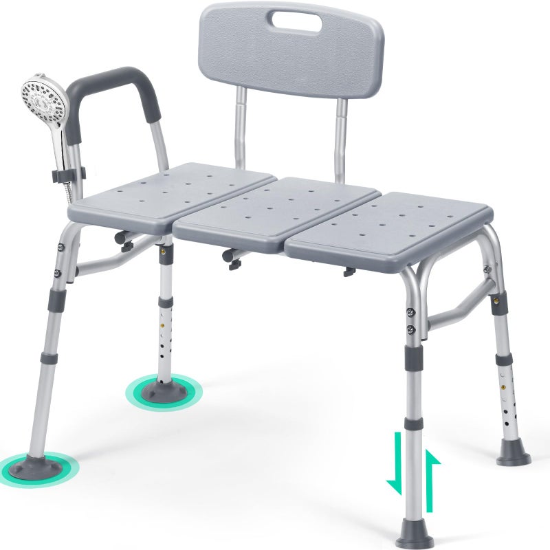 TABEKE Tub Transfer Bench for Bathtub, Height Adjustable Shower Bench with Backrest, Shower Chair Bath Seat for Elderly, Seniors, Arm Support for Transfer-Gray - Image 1