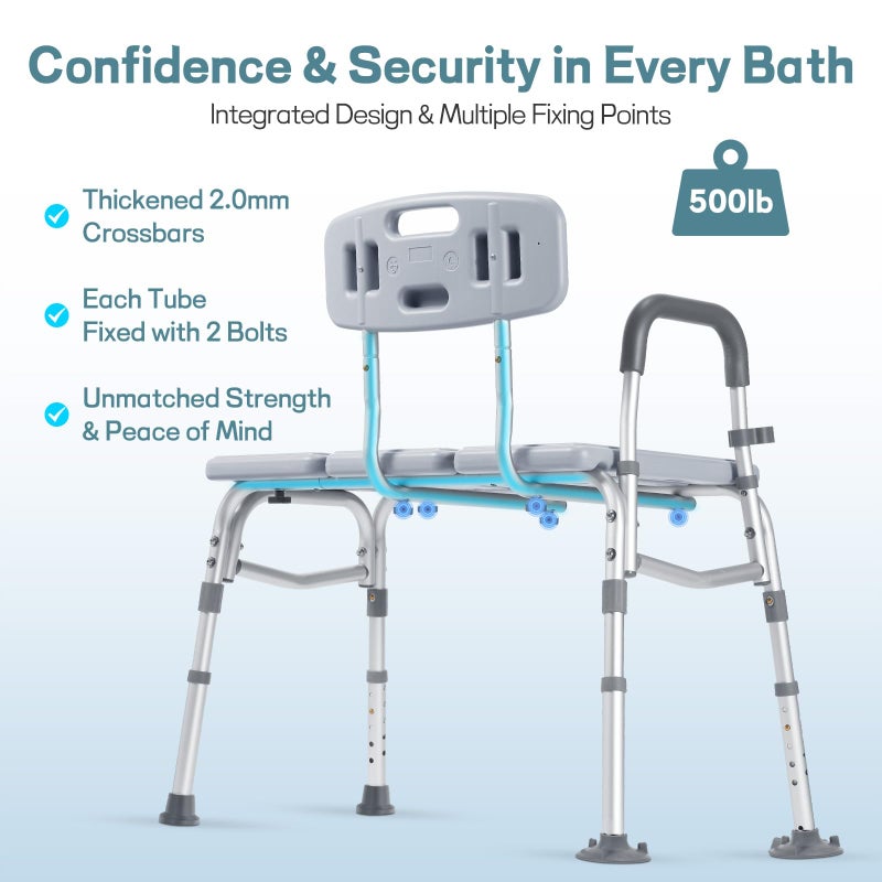 TABEKE Tub Transfer Bench for Bathtub, Height Adjustable Shower Bench with Backrest, Shower Chair Bath Seat for Elderly, Seniors, Arm Support for Transfer-Gray - Image 2