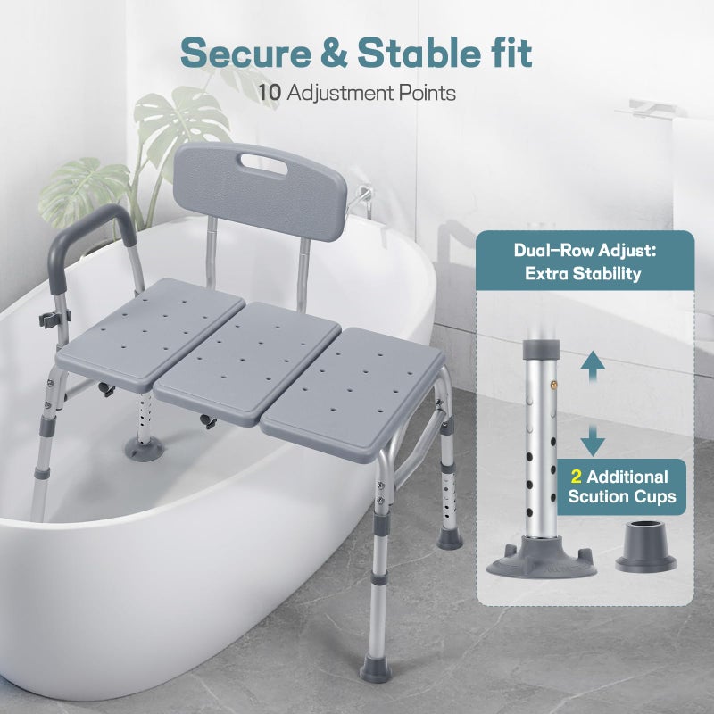TABEKE Tub Transfer Bench for Bathtub, Height Adjustable Shower Bench with Backrest, Shower Chair Bath Seat for Elderly, Seniors, Arm Support for Transfer-Gray - Image 3