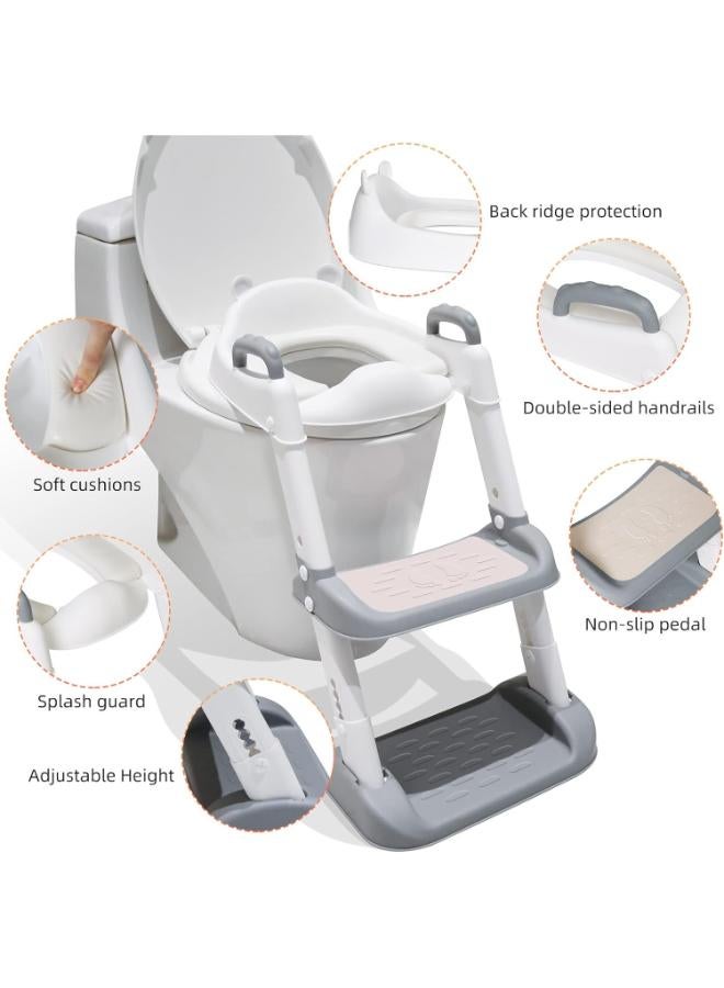 Toddler Potty Training Toilet Seat with Ladder & Handles – Grey/White - Image 3
