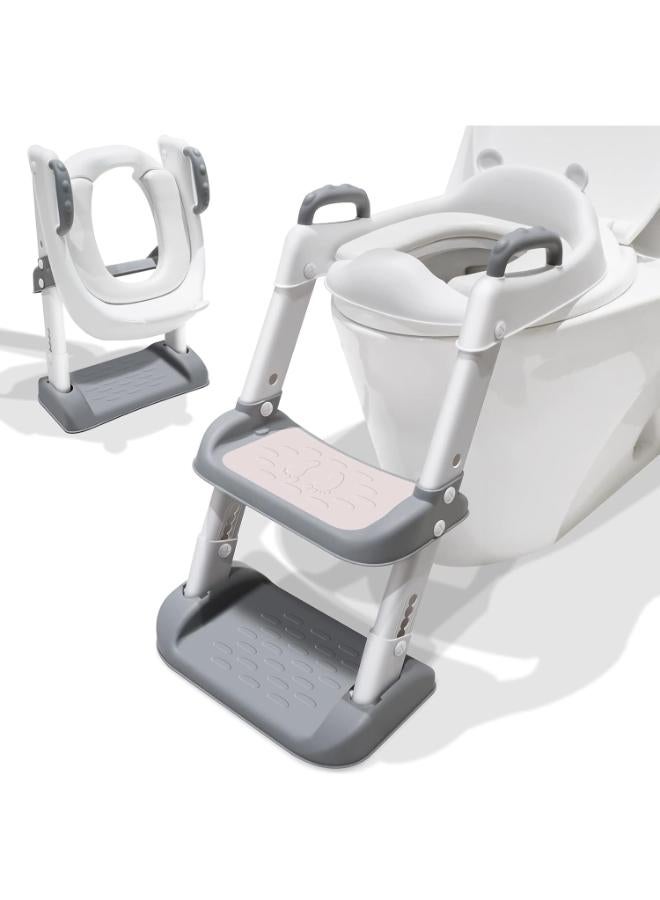 Toddler Potty Training Toilet Seat with Ladder & Handles – Grey/White - Image 1