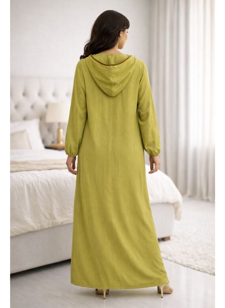 بريميم جلابية طويلة مطرزة باللون الأصفر الخردلي للنساء - فستان سهرة محتشم طويل مزين بتطريز زهري على الصدر، وفتحة رقبة على شكل حرف V بأزرار وأكمام طويلة - Image 4