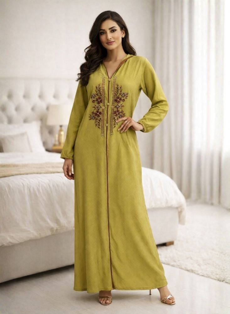 بريميم جلابية طويلة مطرزة باللون الأصفر الخردلي للنساء - فستان سهرة محتشم طويل مزين بتطريز زهري على الصدر، وفتحة رقبة على شكل حرف V بأزرار وأكمام طويلة - Image 1