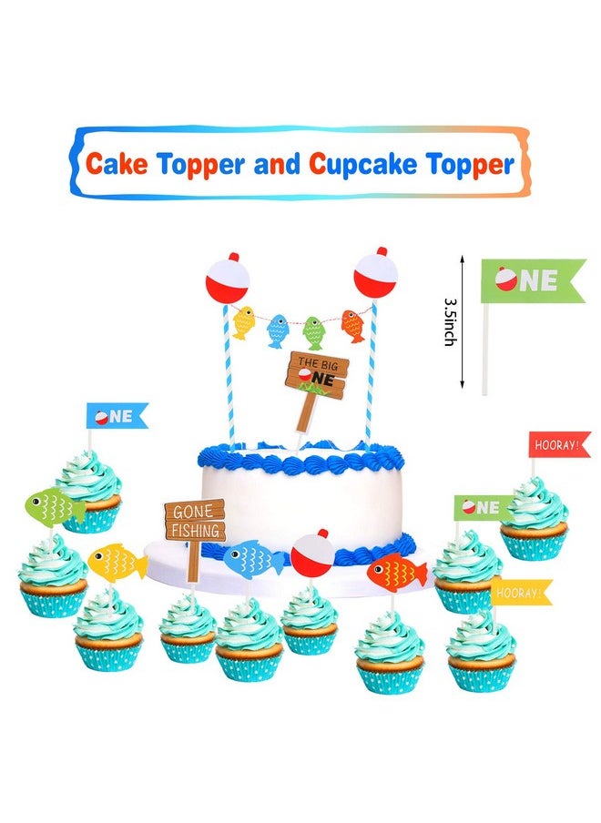 Skylety - 55 Piece Gone Fishing Party Supplies Happy Birthday Banner The Big One Banner Multicolor Pom Pom Flowers Fishing Themed Hanging Swirls Clown Fish Shape Balloons Latex Balloons Fish Cake Cupcake Topper - Image 1
