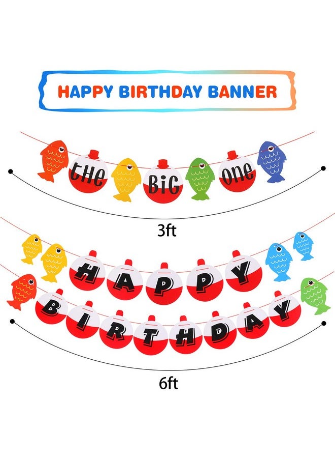 Skylety - 55 Piece Gone Fishing Party Supplies Happy Birthday Banner The Big One Banner Multicolor Pom Pom Flowers Fishing Themed Hanging Swirls Clown Fish Shape Balloons Latex Balloons Fish Cake Cupcake Topper - Image 1