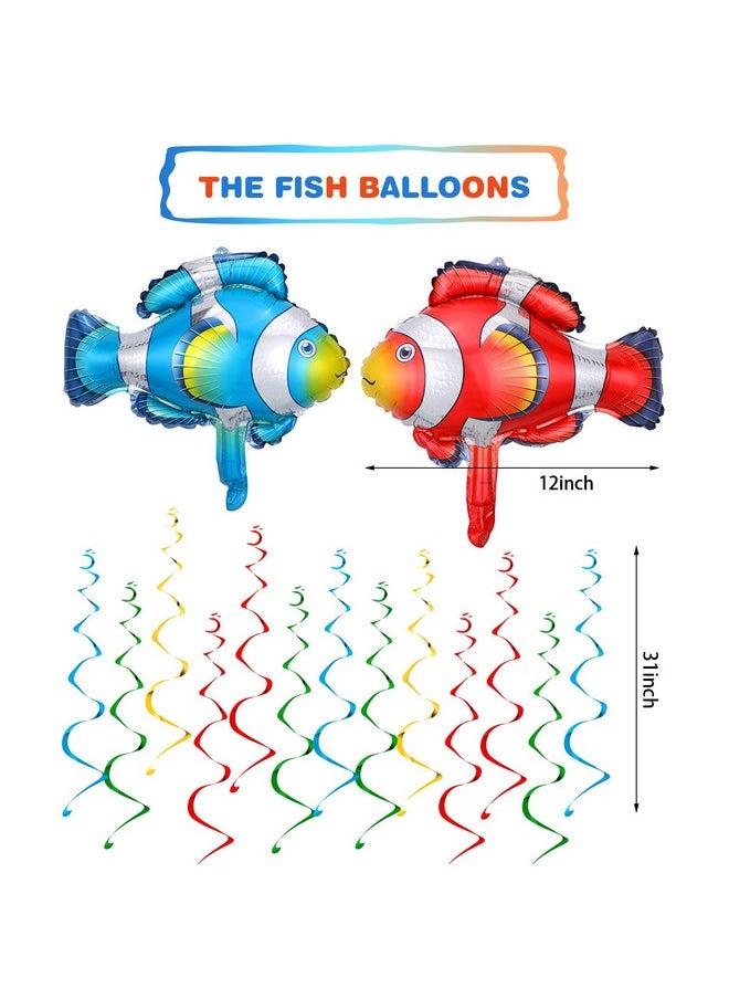 Skylety - 55 Piece Gone Fishing Party Supplies Happy Birthday Banner The Big One Banner Multicolor Pom Pom Flowers Fishing Themed Hanging Swirls Clown Fish Shape Balloons Latex Balloons Fish Cake Cupcake Topper - Image 1