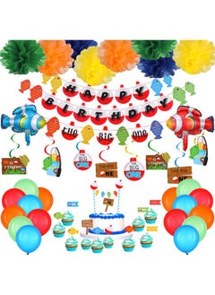 55 Piece Gone Fishing Party Supplies Happy Birthday Banner The Big One Banner Multicolor Pom Pom Flowers Fishing Themed Hanging Swirls Clown Fish Shape Balloons Latex Balloons Fish Cake Cupcake Topper