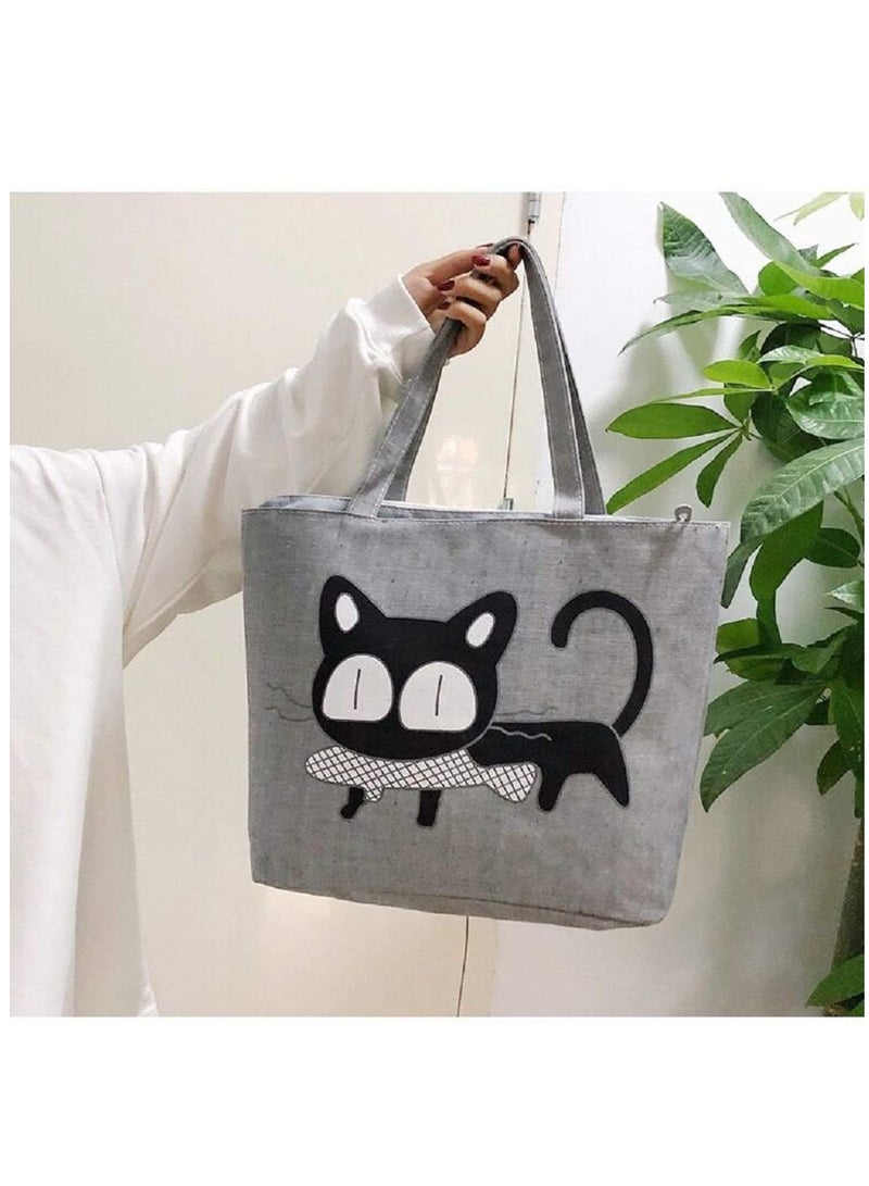 Excefore Tote Bag Canvas Cute Cat Handbag Large Shopping Bag Reusable Grocery Beach Bag with Zipper for Women Girls - Image 4