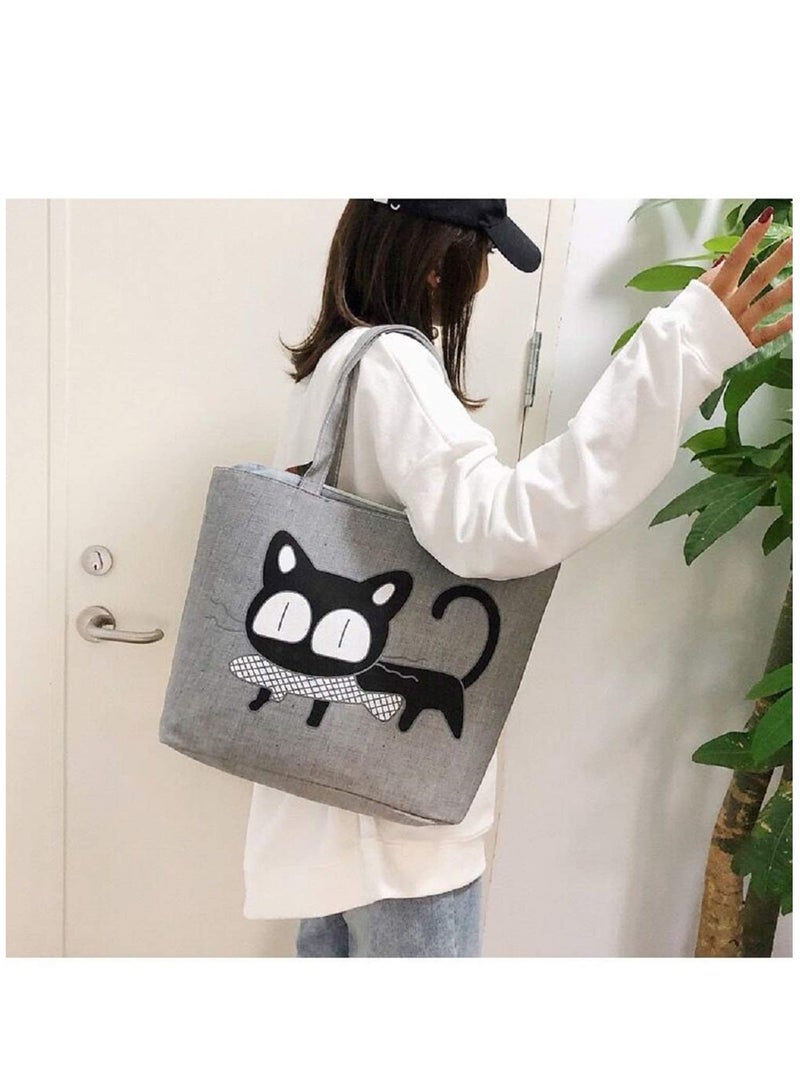 Excefore Tote Bag Canvas Cute Cat Handbag Large Shopping Bag Reusable Grocery Beach Bag with Zipper for Women Girls - Image 3