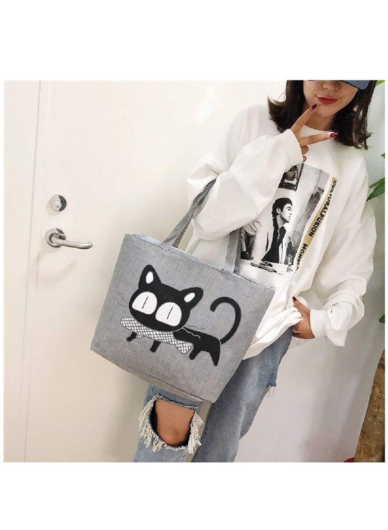 Excefore Tote Bag Canvas Cute Cat Handbag Large Shopping Bag Reusable Grocery Beach Bag with Zipper for Women Girls - Image 5