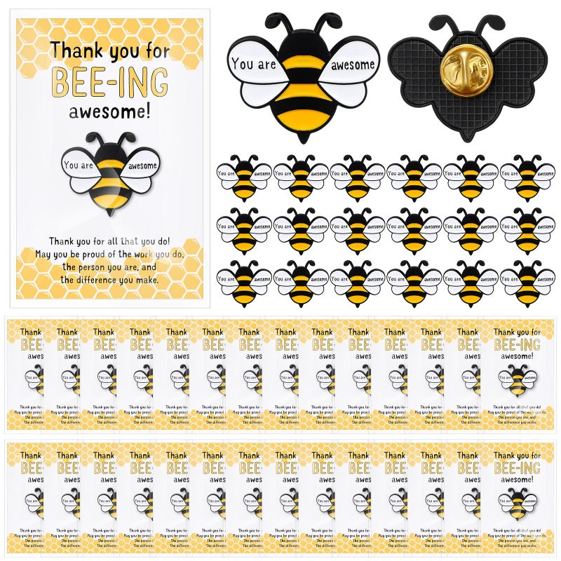 Misdary 20 Sets Bee Employee Appreciation Gifts Bulk Thank You Gifts for Coworkers Staff Awesome Bee Lapel Pins Brooch and Cards - Image 1