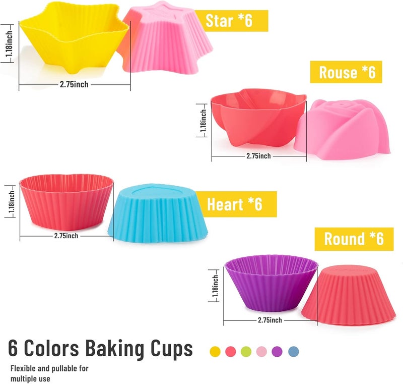 LetGoShop Silicone Cupcake Liners for Baking, 24Pcs Reusable Muffin Cups Greaseproof Muffin Liners Nonstick Baking Molds with Round, Stars, Heart, Flowers Shape for Kids - Image 3