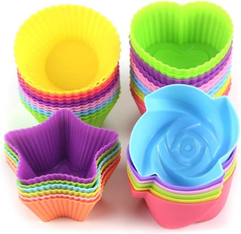 LetGoShop Silicone Cupcake Liners for Baking, 24Pcs Reusable Muffin Cups Greaseproof Muffin Liners Nonstick Baking Molds with Round, Stars, Heart, Flowers Shape for Kids - Image 1