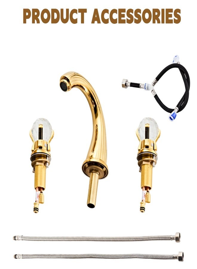 sprinkle Bathroom Sink Faucet 3 Hole Deck Mounted Widespread Brass Bathroom Faucet Crystal Handle Mixer Tap Gold Ti-PVD (Gold) - Image 3