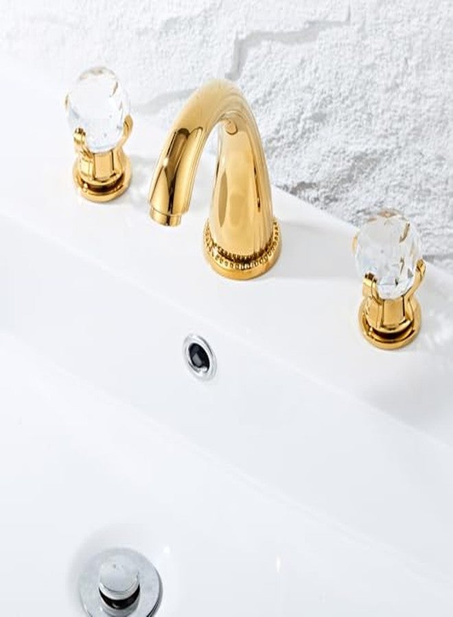 sprinkle Bathroom Sink Faucet 3 Hole Deck Mounted Widespread Brass Bathroom Faucet Crystal Handle Mixer Tap Gold Ti-PVD (Gold) - Image 5