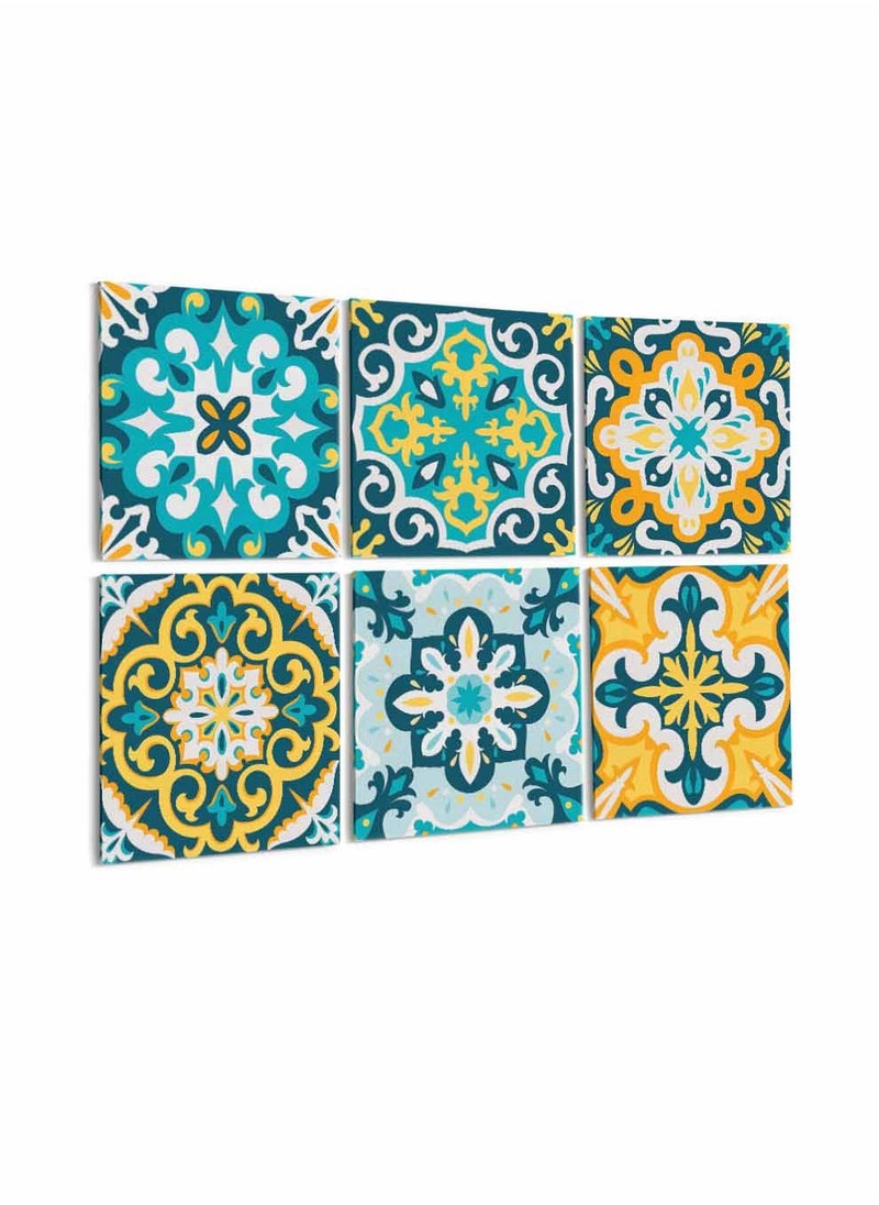 LOWHA Set Of 6 Framed Square Canvas Wall Arts Stretched Over Wooden Frame, Beautiful Ornamental Seamless Painting, For Home, Living Room, Office Decor  - Image 1